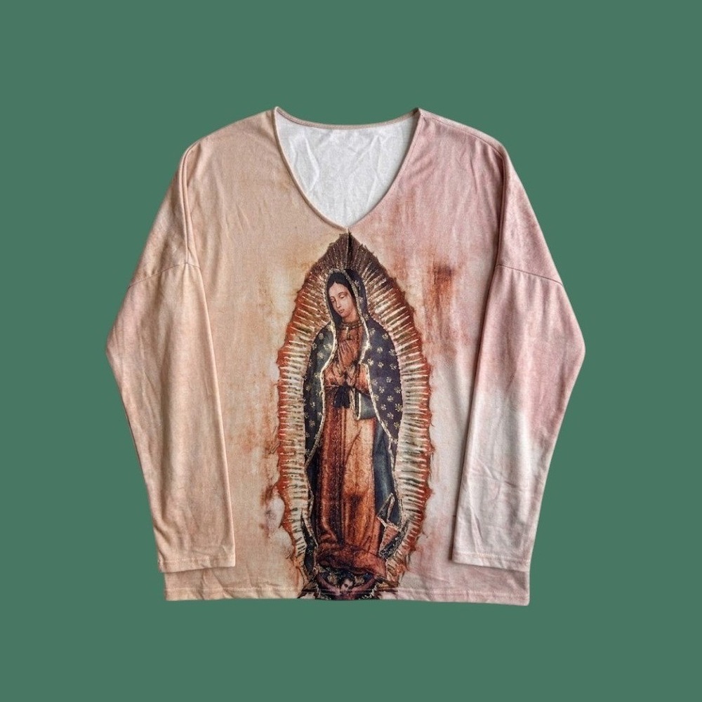 Virgin Mary Our Lady of Guadalupe Tie Dye V-Neck Top Peach 4XL STRETCHY